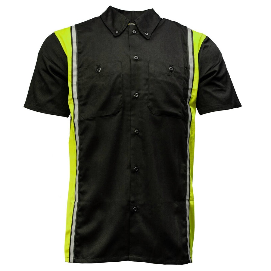 Milwaukee Motorcycle Clothing Co. MDM11611 Men's Black and Neon-Green Button Up Mechanic Shirt w/ Reflective Stripe