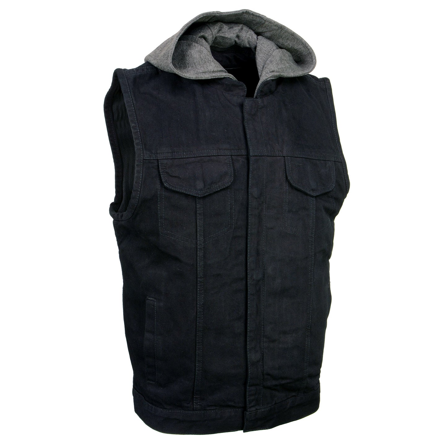 Milwaukee Leather Men's Rustic Black Denim Motorcycle Riding Vest with Removable Hoodie - MDM3082