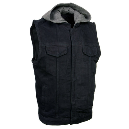 Milwaukee Leather Men's Rustic Black Denim Motorcycle Riding Vest with Removable Hoodie - MDM3082