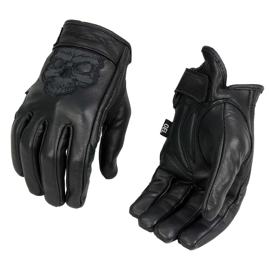 Milwaukee Leather MG7570 Men's ‘Reflective Skull’ Black Leather Gloves with Gel Palm