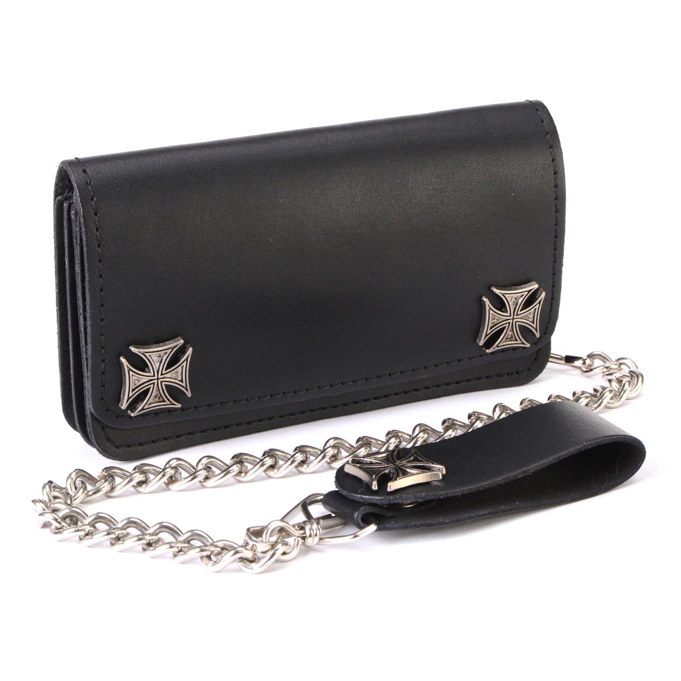 Milwaukee Leather MLW7825 Men's 6” Black Leather Bi-Fold Biker Wallet w/ Anti-Theft Stainless Steel Chain and Iron Cross Emblems