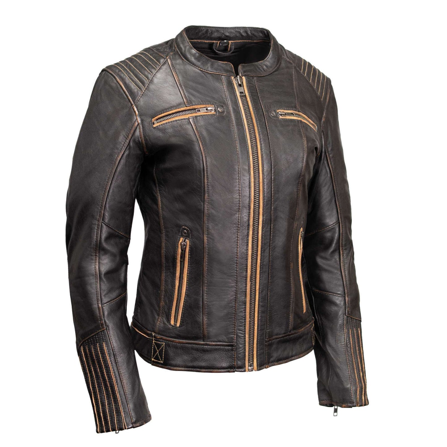Milwaukee Motorcycle Clothing Co. Women’s Rebel Scooter Style Vinage Brown Leather Jacket w/ Mandarin Collar MMC20003