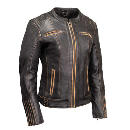 Milwaukee Motorcycle Clothing Co. Women’s Rebel Scooter Style Vinage Brown Leather Jacket w/ Mandarin Collar MMC20003