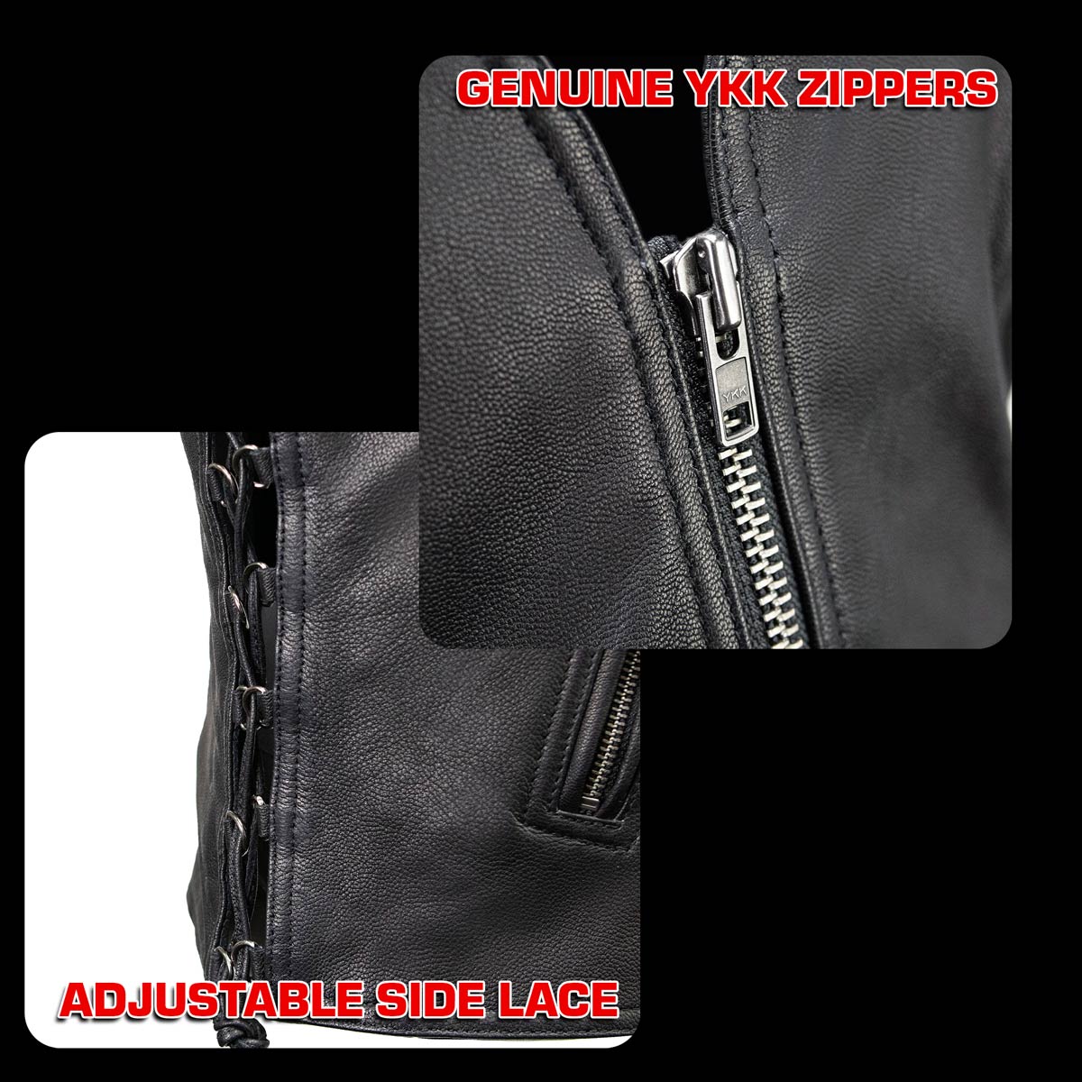Milwaukee Motorcycle Clothing Co. Women's Jenni Black Premium Leather V-Neck Side Lace Vest MMC40001