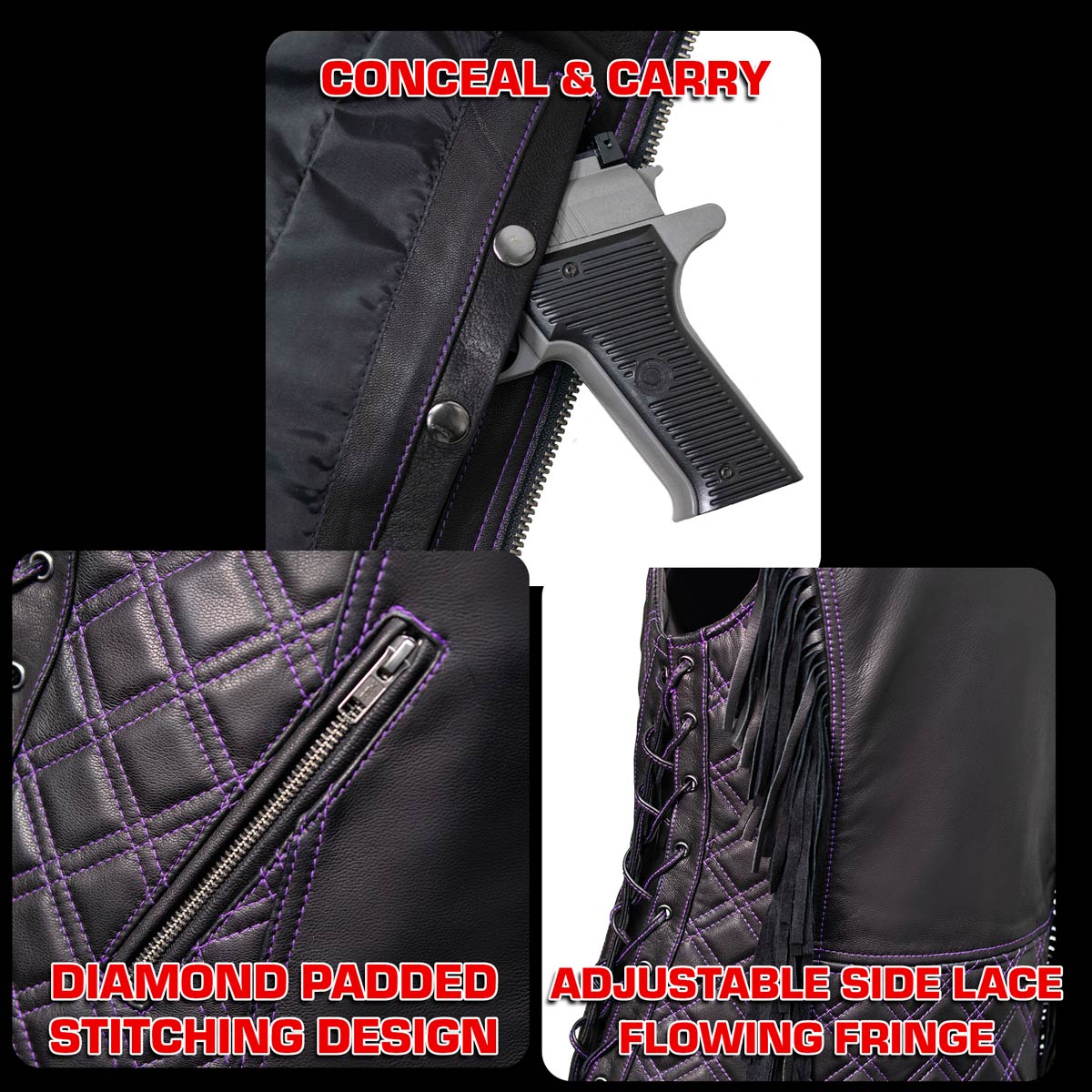 Milwaukee Motorcycle Clothing Co. Women’s Liberty Black and Purple Leather V-Neck Biker Vest w/ Side Lacing MMC40006