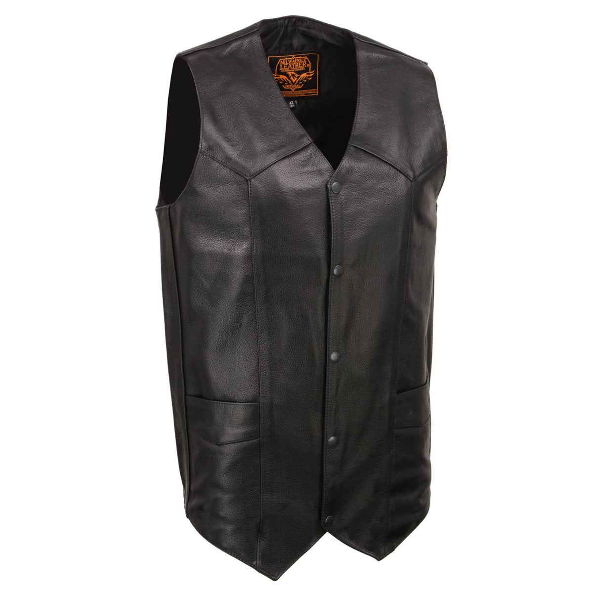 Milwaukee Leather SH1310Tall Men's Black Leather Classic V-Neck Motorcycle Rider Vest w/ Snap Button Closure