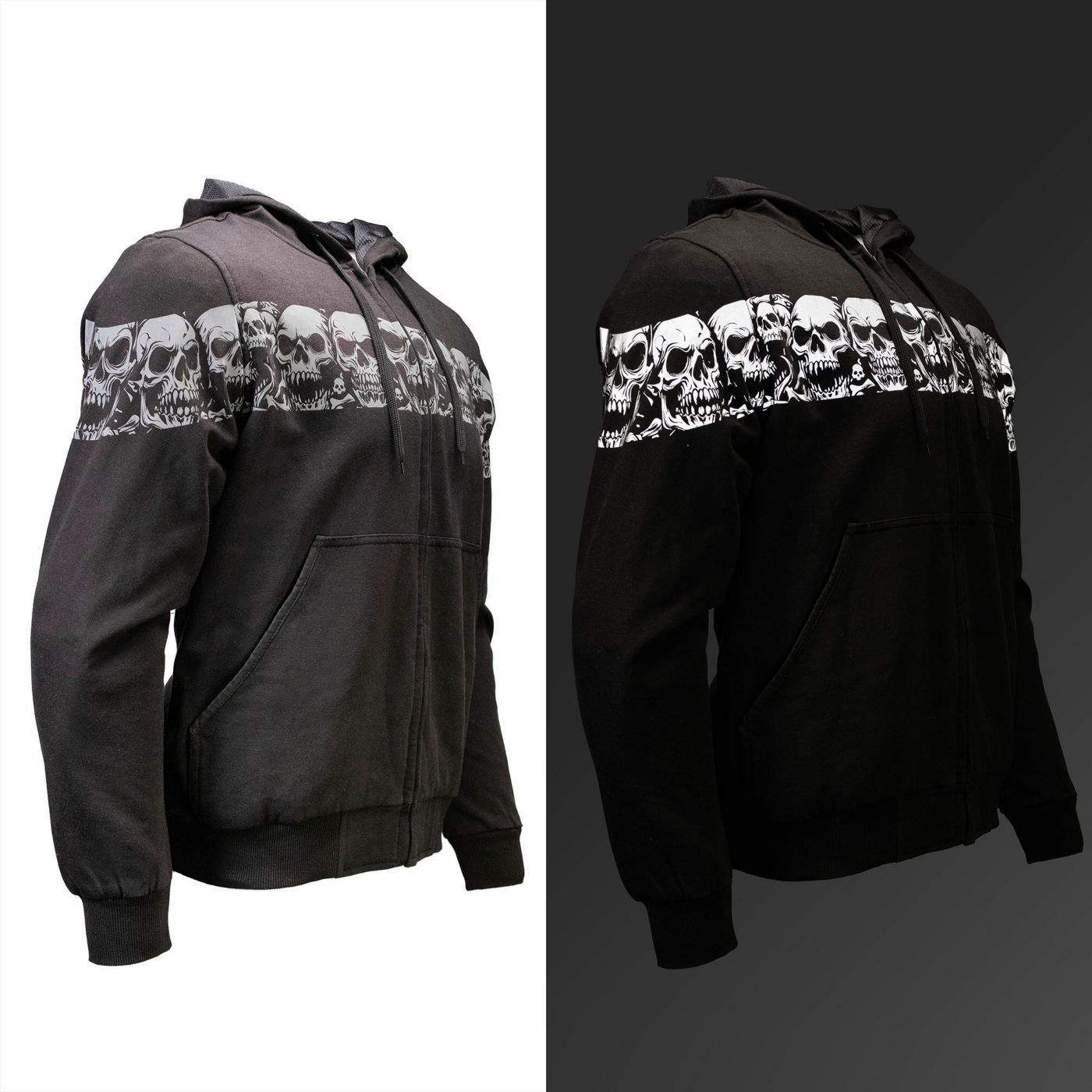 Milwaukee Leather Men's Bare Bones Black Reflective Skull CE Armored Riding Hoodie, Shoulder and Elbow Armor - MPM1798