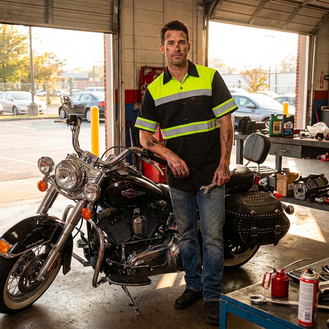 Milwaukee Motorcycle Clothing Co. Men’s Safeway Green/Black Mechanic Rider Ready Shirt w/ Reflective Strip MDM11613