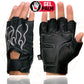 Milwaukee Leather SH198 Men's Black Leather Gel Padded Palm Fingerless Motorcycle Gloves w/ Grey Flame Embroidery