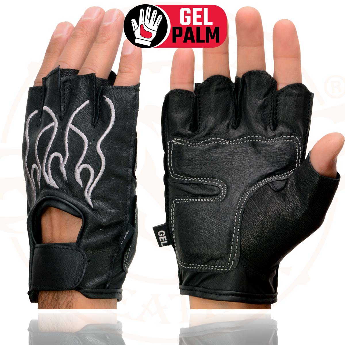 Milwaukee Leather SH198 Men's Black Leather Gel Padded Palm Fingerless Motorcycle Gloves w/ Grey Flame Embroidery
