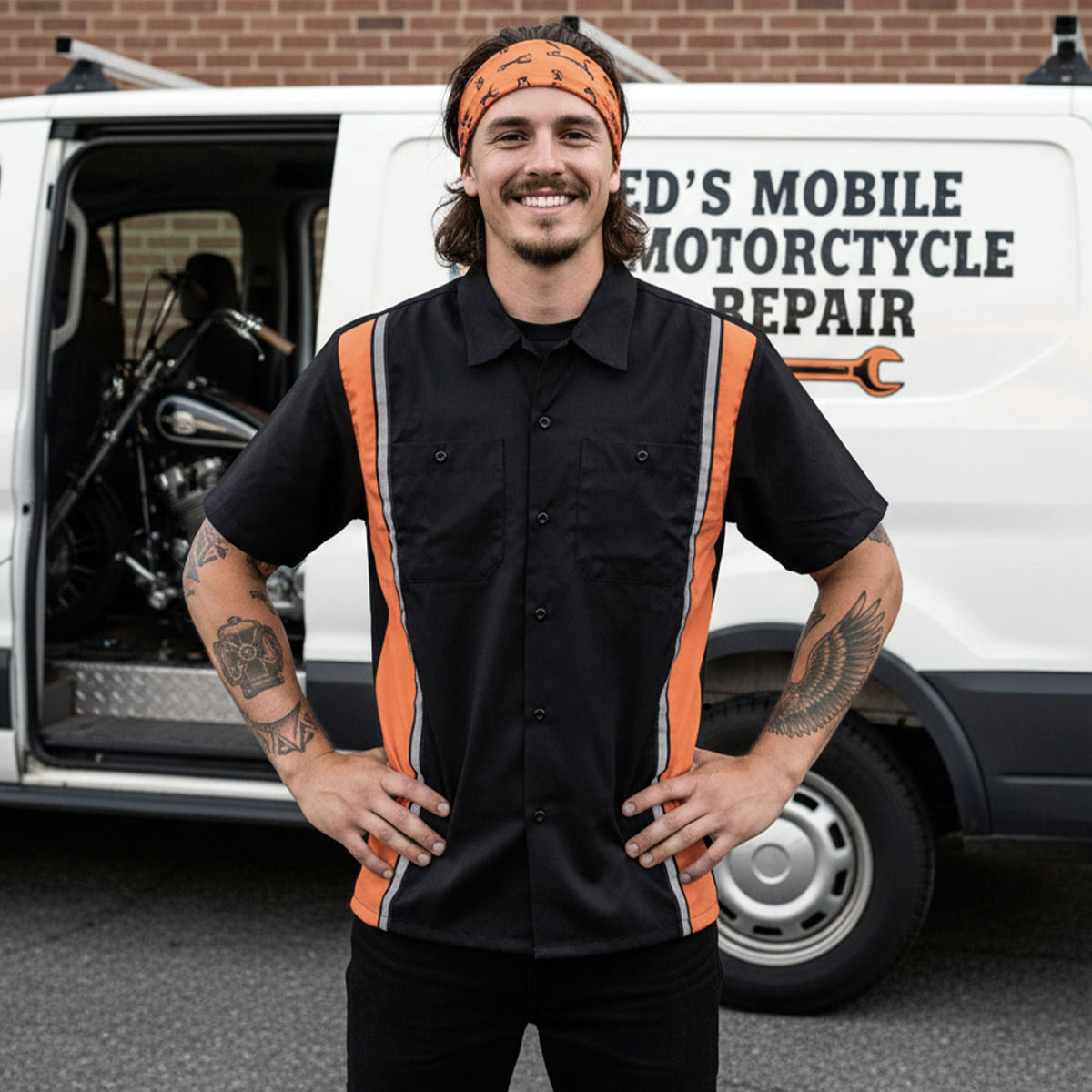 Milwaukee Motorcycle Clothing Co. Men’s Blk/Orange Mechanic Work Shirt – w / Reflective Strip, Rider‑Built MDM11610