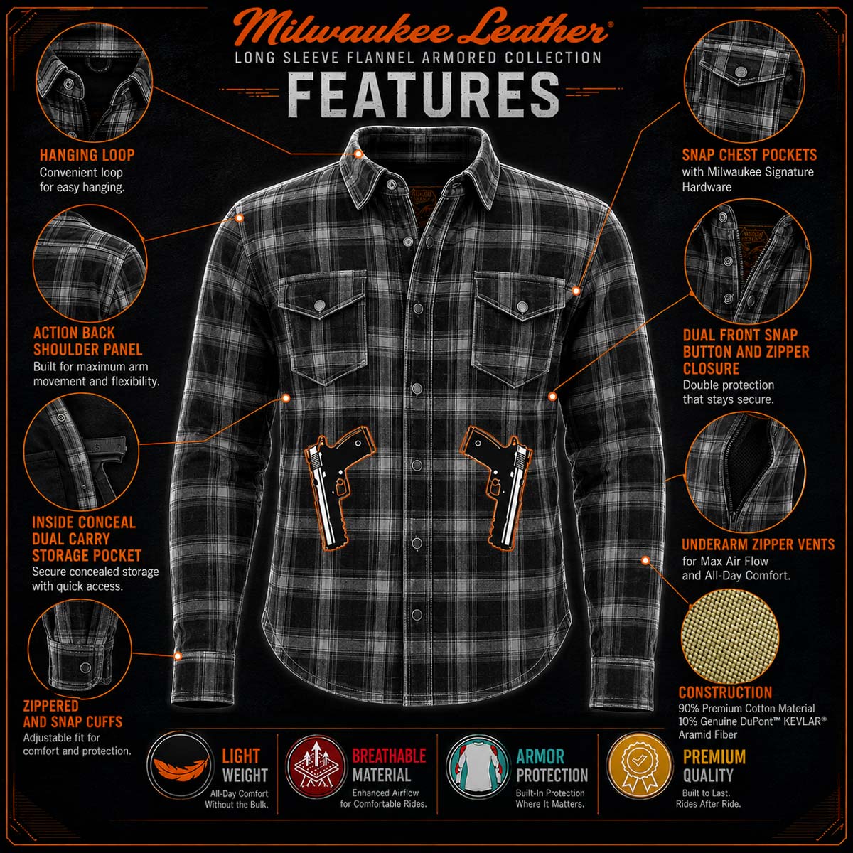 Milwaukee Leather MPM1652 Men's Plaid Flannel Biker Shirt with CE Approved Armor - Reinforced w/ Aramid Fiber