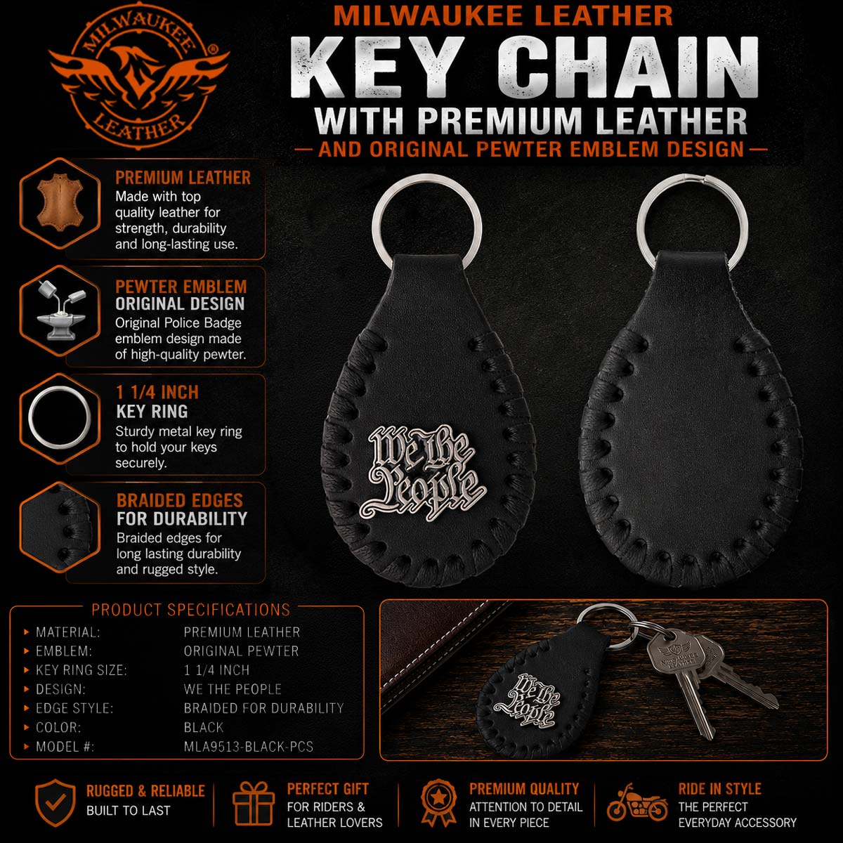 Milwaukee Leather Black We The People Pewter Emblem Key Chain - MLA9513