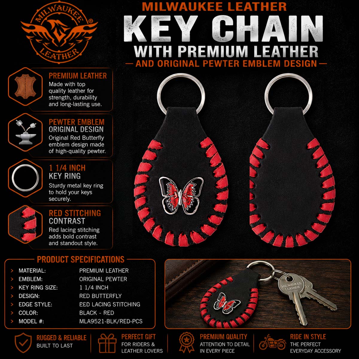 Milwaukee Leather Black -Red Butterfly Pewter Emblem Key Chain - MLA9521