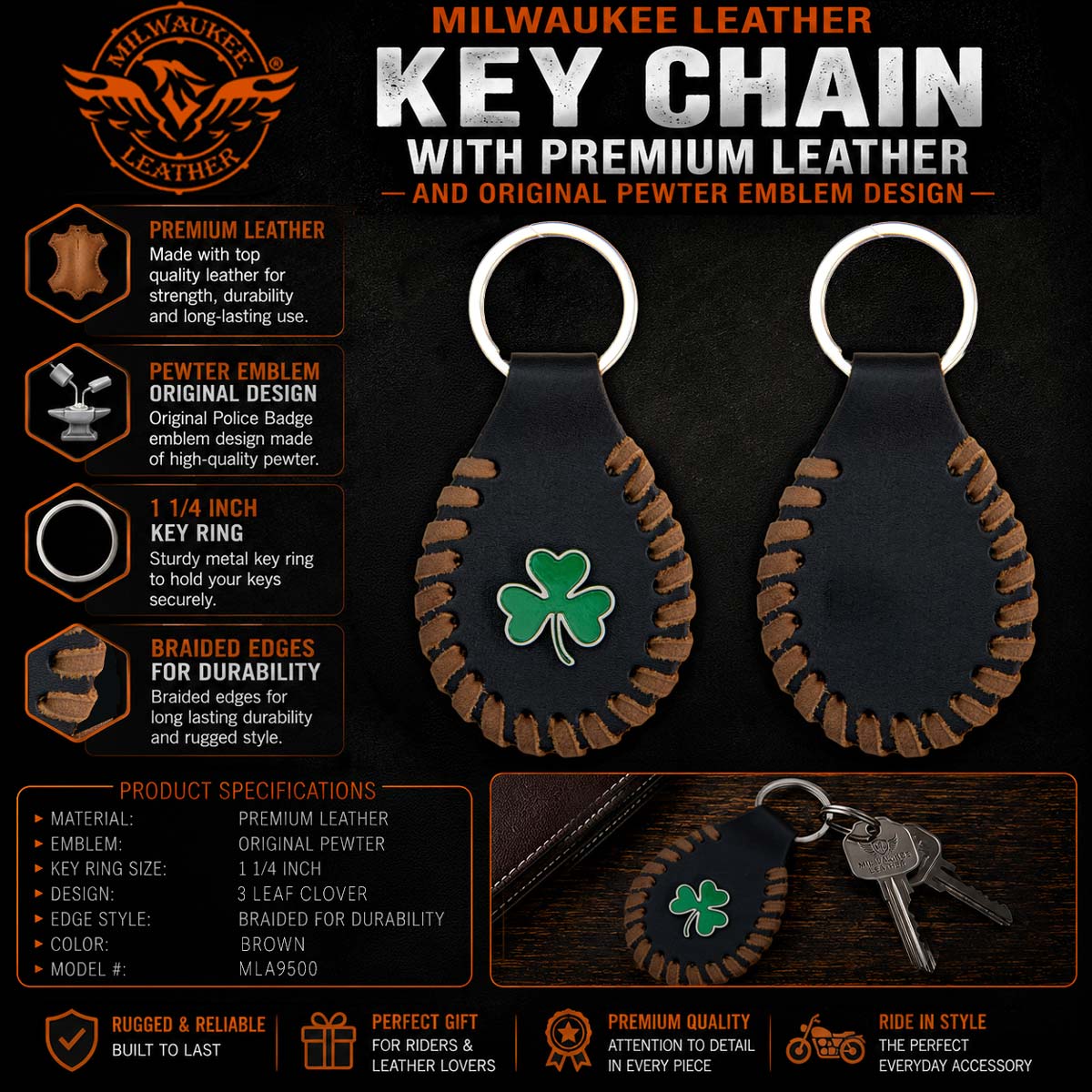 Milwaukee Leather Black 3 Leaf CloverP ewter Emblem Key Chain - MLA9500