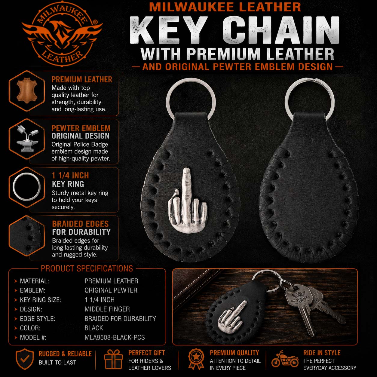 Milwaukee Leather Black Middle Finger Pewter Emblem Key Chain - MLA9508