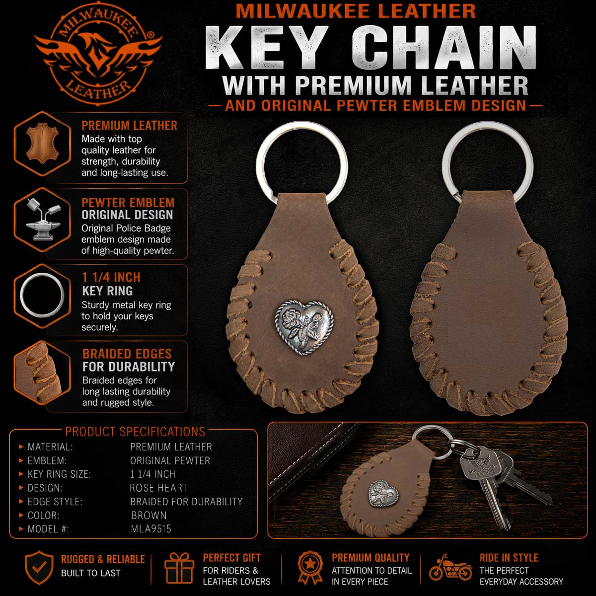 Milwaukee Leather Black Rose Heart Pewter Emblem Key Chain - MLA9515