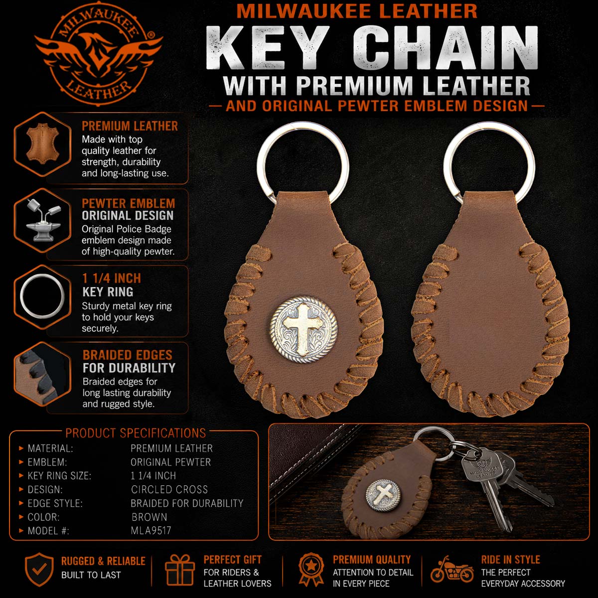 Milwaukee Leather Black Circle Cross Pewter Emblem Key Chain - MLA9517