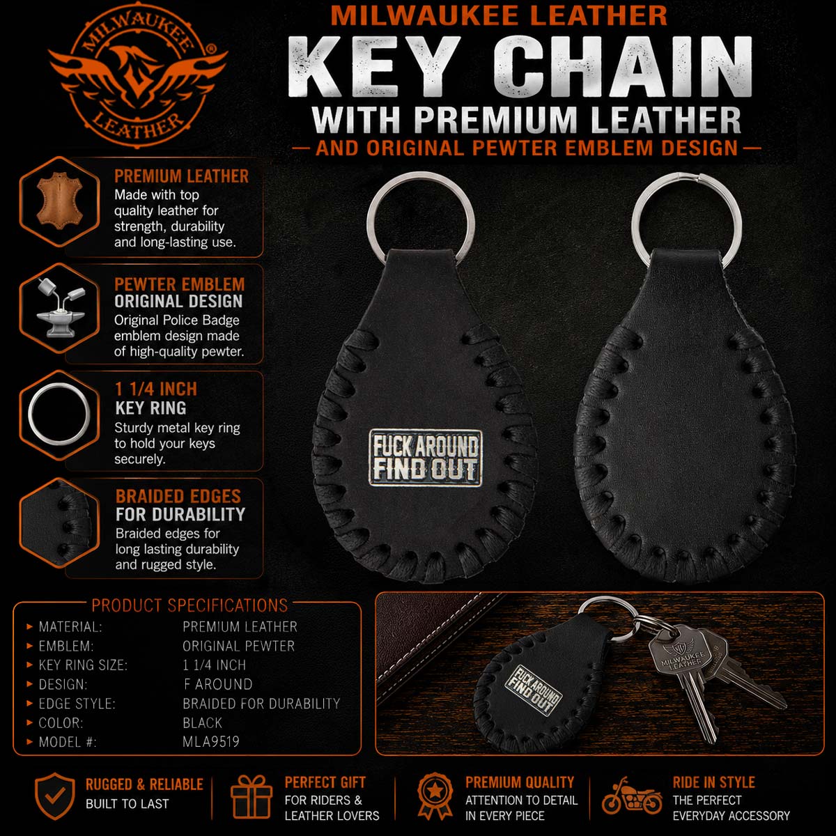 Milwaukee Leather Black F Around Find Out Pewter Emblem Key Chain - MLA9519