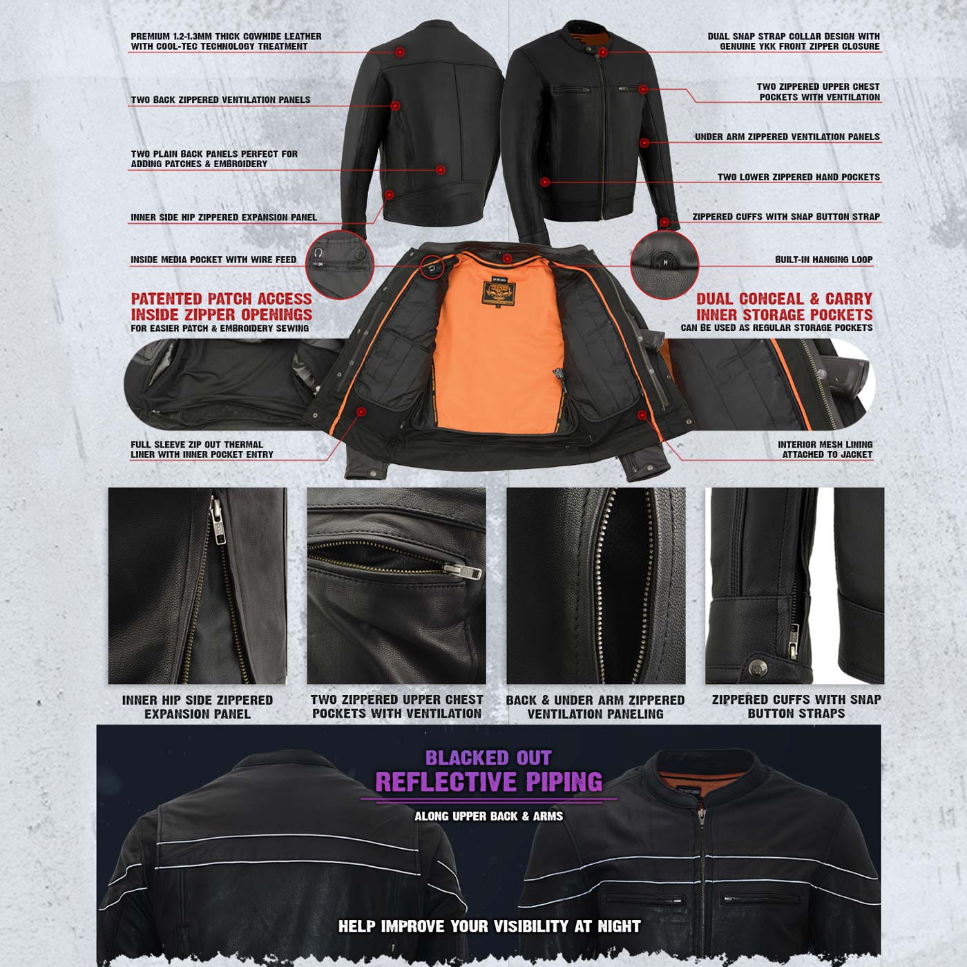 Milwaukee Leather MLM1551 Men's Black Lightweight Premium Leather Motorcycle Jacket w/ Cool-Tec Leather Treatement