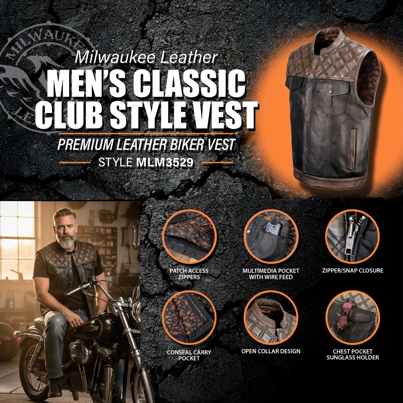 Milwaukee Leather MLM3528 Men's Black Paisley Lined Leather Vest w/ Neon Green Stitching & Armhole Trim