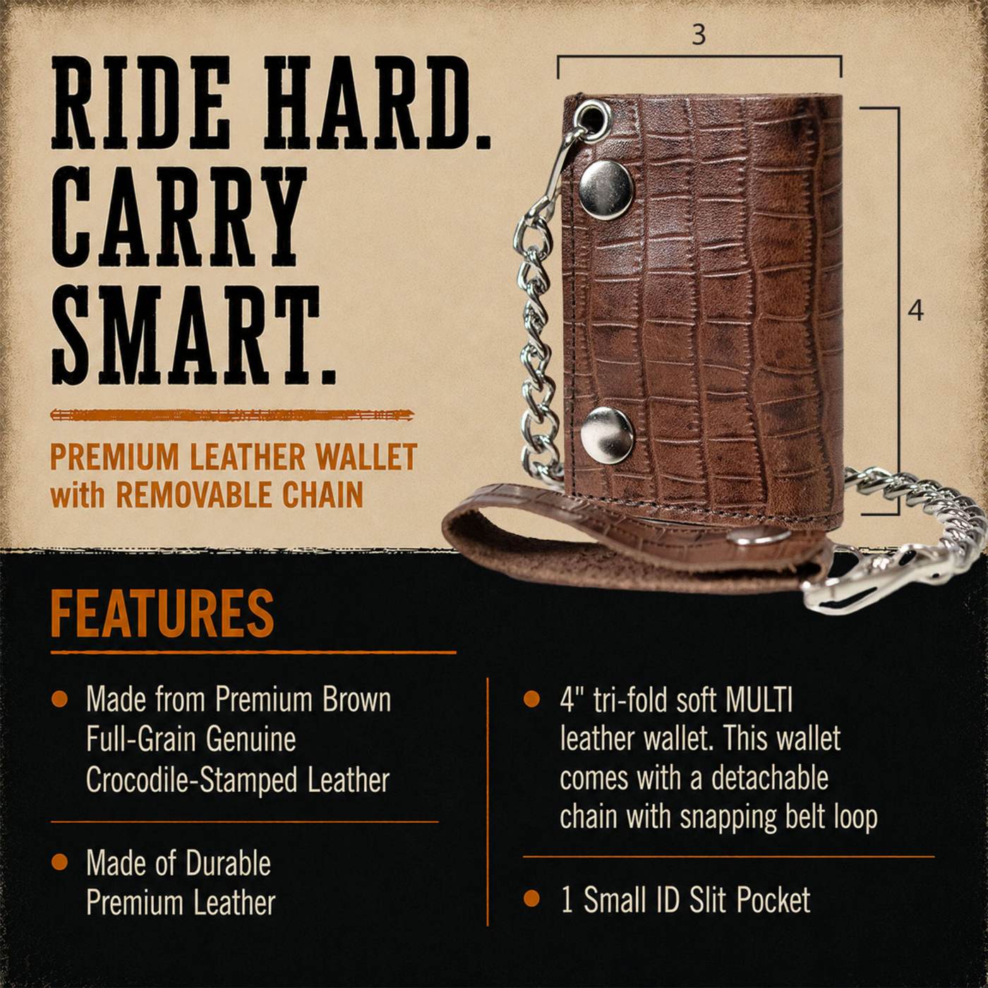 Milwaukee Leather Brown Full-Grain Crocodile-Stamped Tri-Fold Chain Wallet - MLW7849