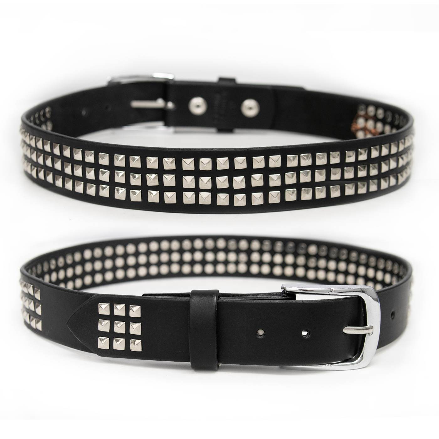Milwaukee Leather Men's Black Triple-Row Studded Genuine Leather Belt - w/ Interchangeable Buckle - MP7144