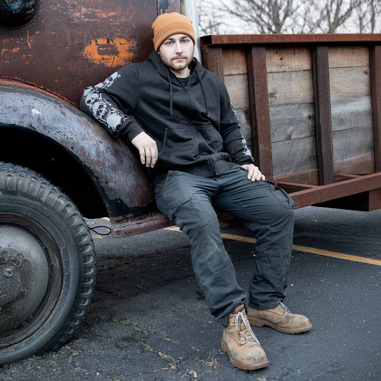 MMCC Men’s Bare Bones Riding Hoodie – Premium Cotton, Reflective Skull Sleeve, Full Zip - MPM1680