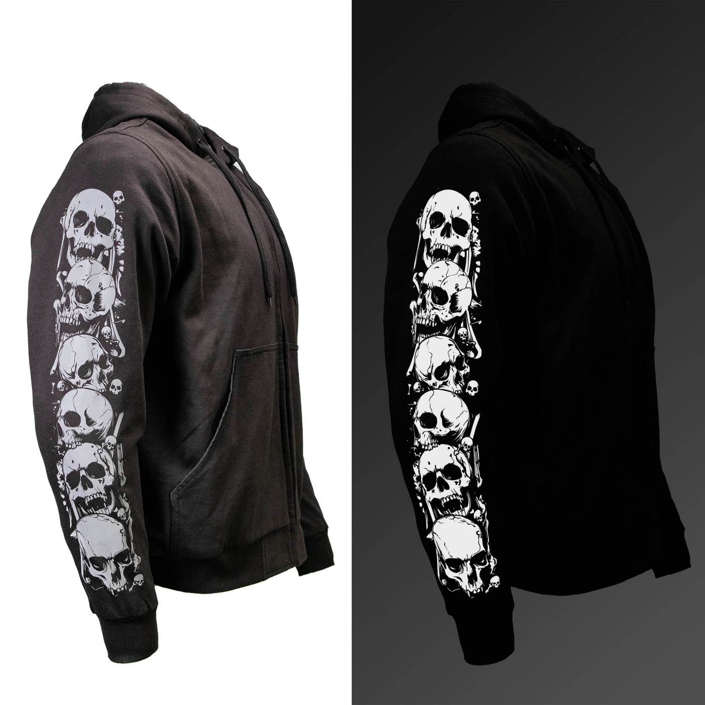 Milwaukee Leather Men's Bare Bones Black Reflective Skull CE Armored Riding Hoodie, Shoulder and Elbow Armor - MPM1797