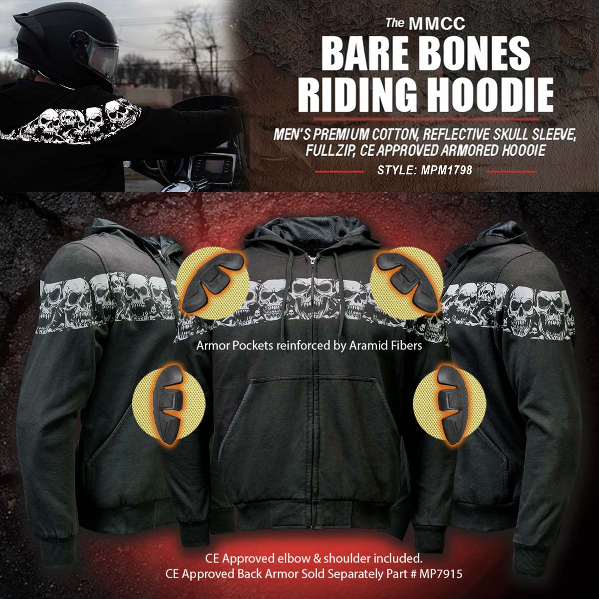 Milwaukee Leather Men's Bare Bones Black Reflective Skull CE Armored Riding Hoodie, Shoulder and Elbow Armor - MPM1798