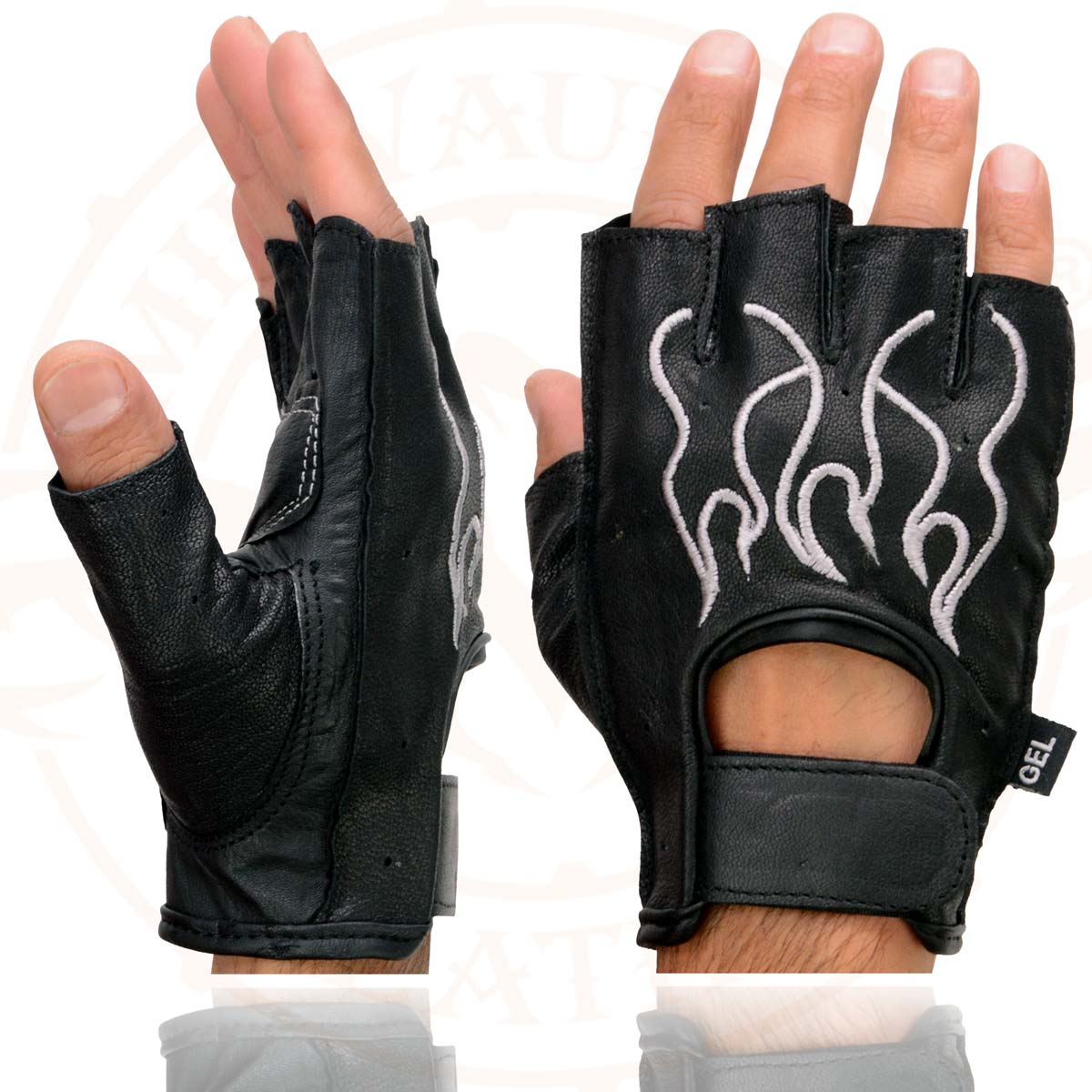 Milwaukee Leather SH198 Men's Black Leather Gel Padded Palm Fingerless Motorcycle Gloves w/ Grey Flame Embroidery