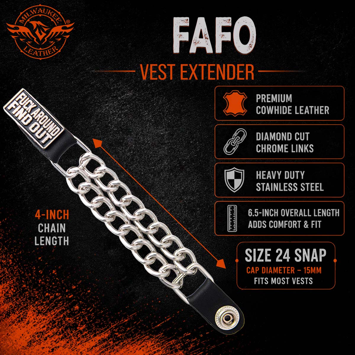 Milwaukee Leather 1-PC Vest Extender FAFO, Double Chrome Chains - 4-Inch - MLA1030-SINGLE