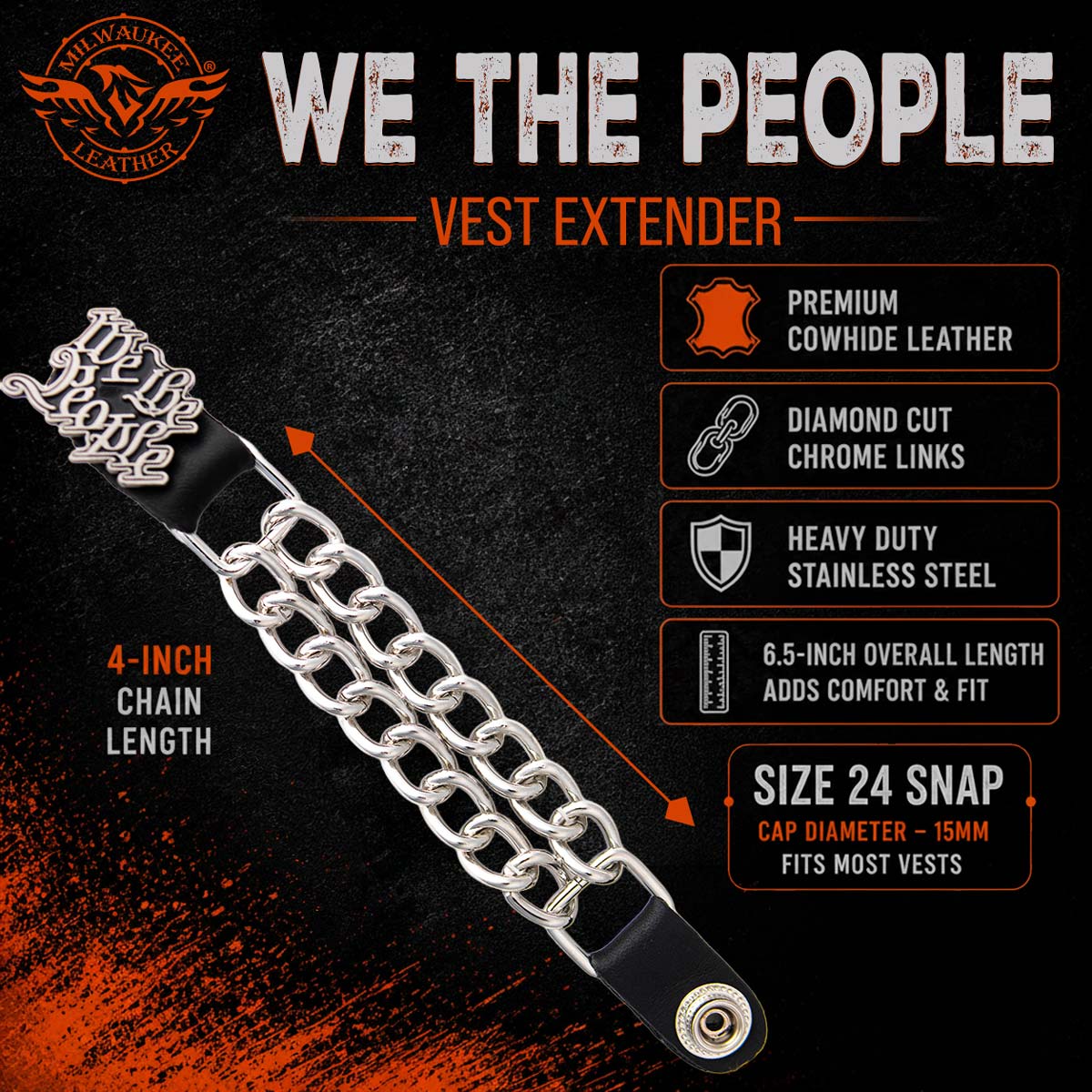 Milwaukee Leather 1-PC Vest Extender We The People, Double Chrome Chains - 4-Inch - MLA1031-SINGLE