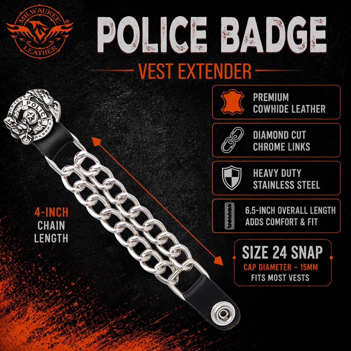 Milwaukee Leather 1-PC Vest Extender Police Badge, Double Chrome Chains - 4-Inch - MLA1032-SINGLE