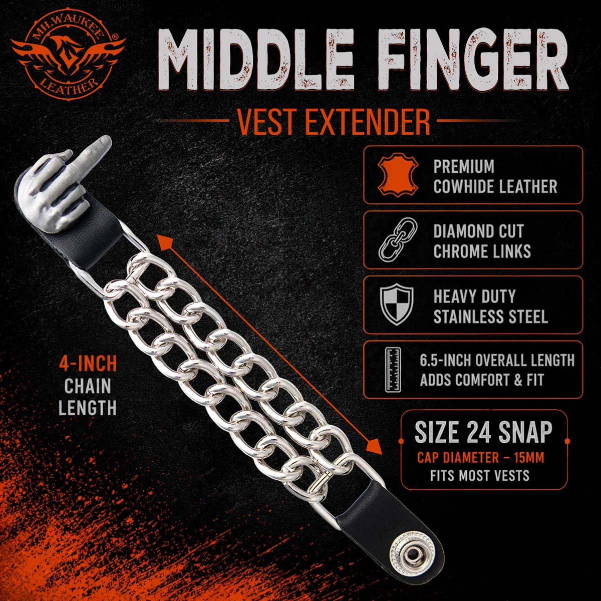 Milwaukee Leather 1-PC Vest Extender Middle Finger, Double Chrome Chains - 4-Inch - MLA1033-SINGLE