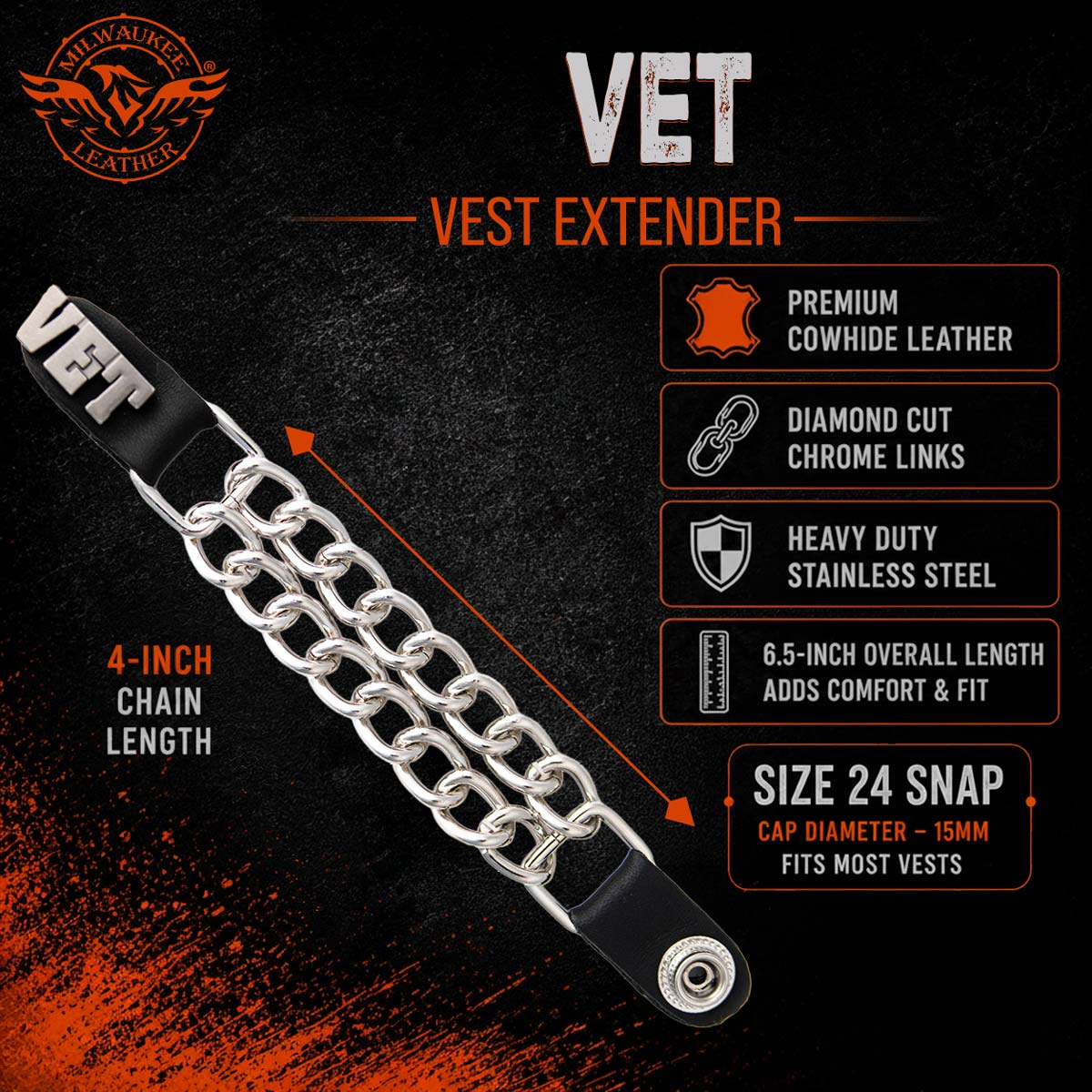 Milwaukee Leather 1-PC Vest Extender VET, Double Chrome Chains - 4-Inch - MLA1034-SINGLE