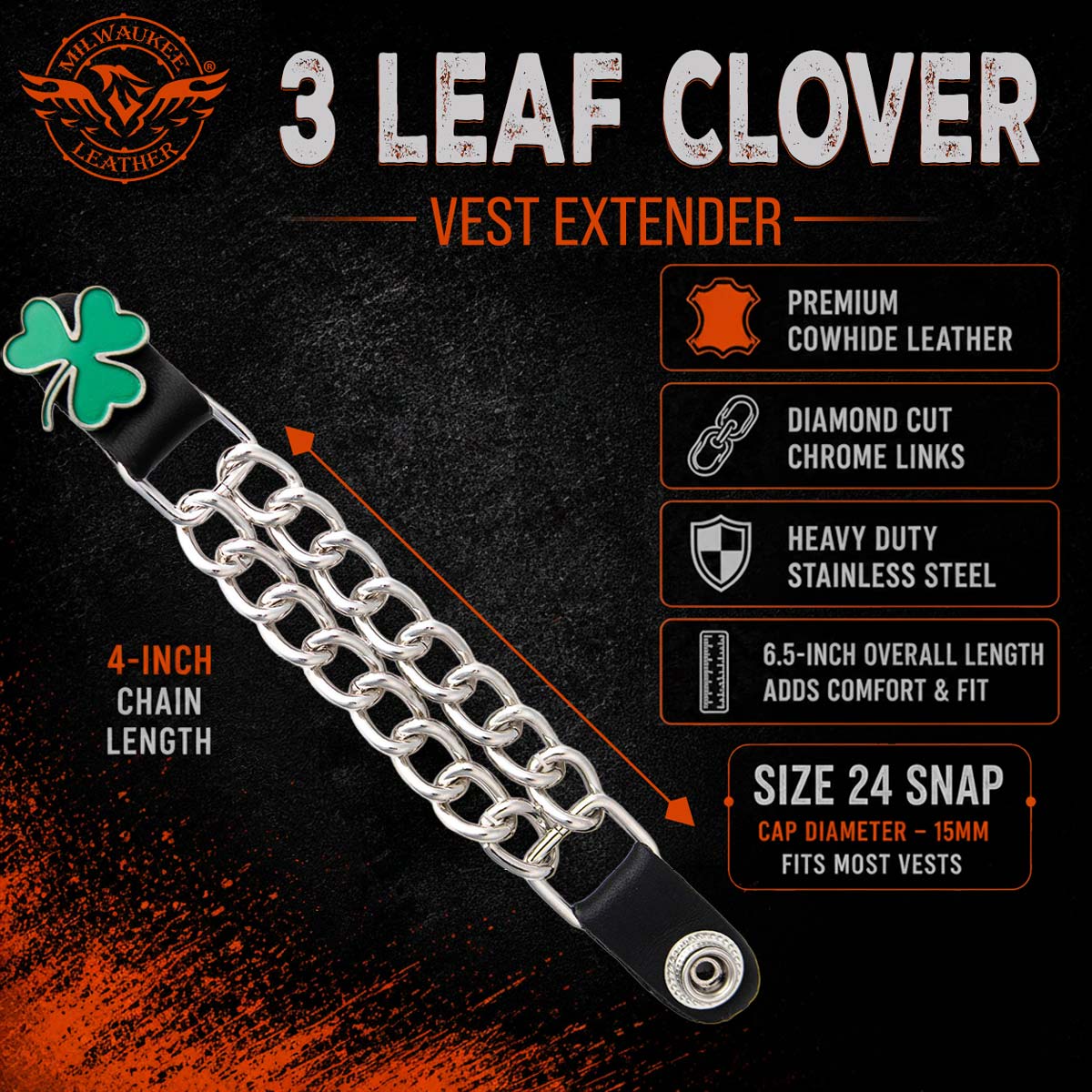 Milwaukee Leather 1-PC Vest Extender 3 Leaf Clover, Double Chrome Chains - 4-Inch - MLA1035-SINGLE