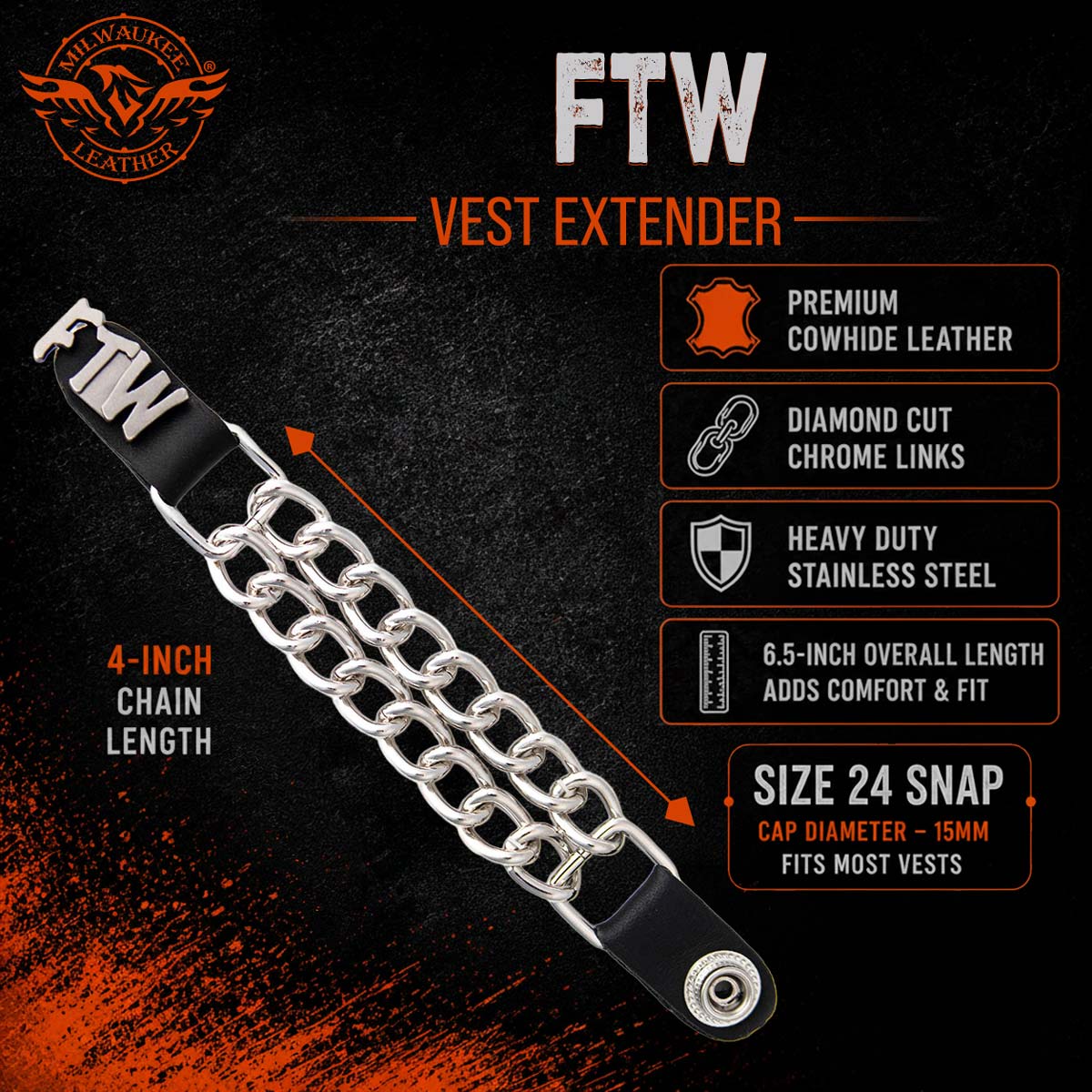 Milwaukee Leather 1-PC Vest Extender FTW, Double Chrome Chains - 4-Inch - MLA1036-SINGLE