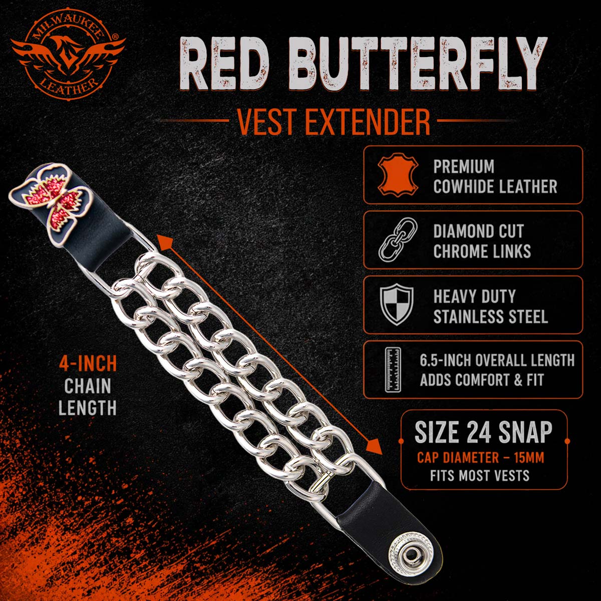 Milwaukee Leather 1-PC Vest Extender Red Butterfly, Double Chrome Chains - 4-Inch - MLA1038-SINGLE