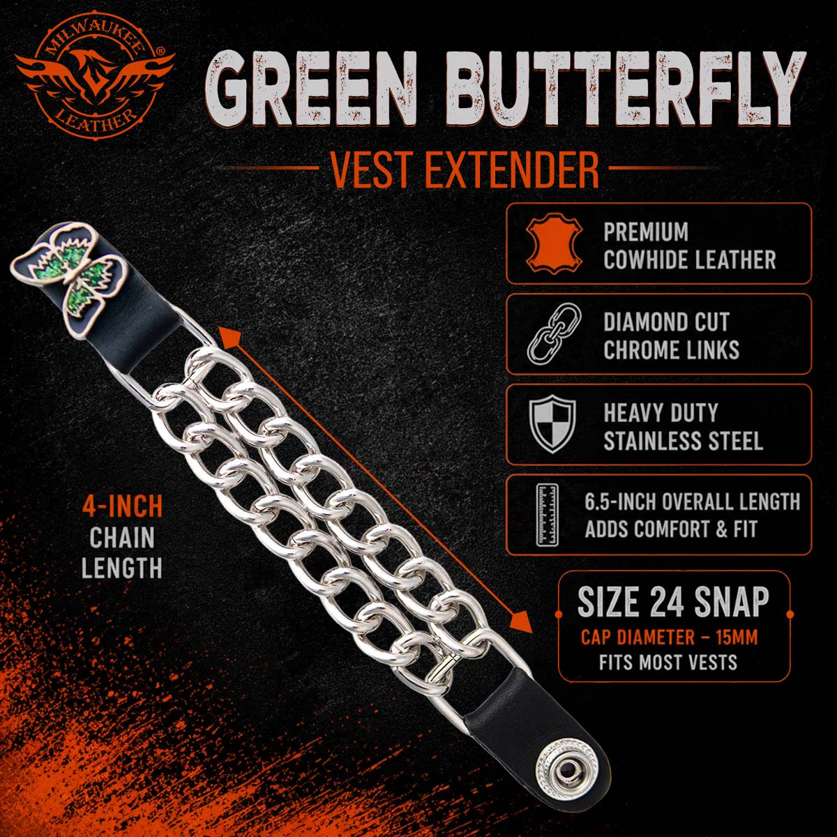 Milwaukee Leather 1-PC Vest Extender Green Butterfly, Double Chrome Chains - 4-Inch - MLA1040-SINGLE