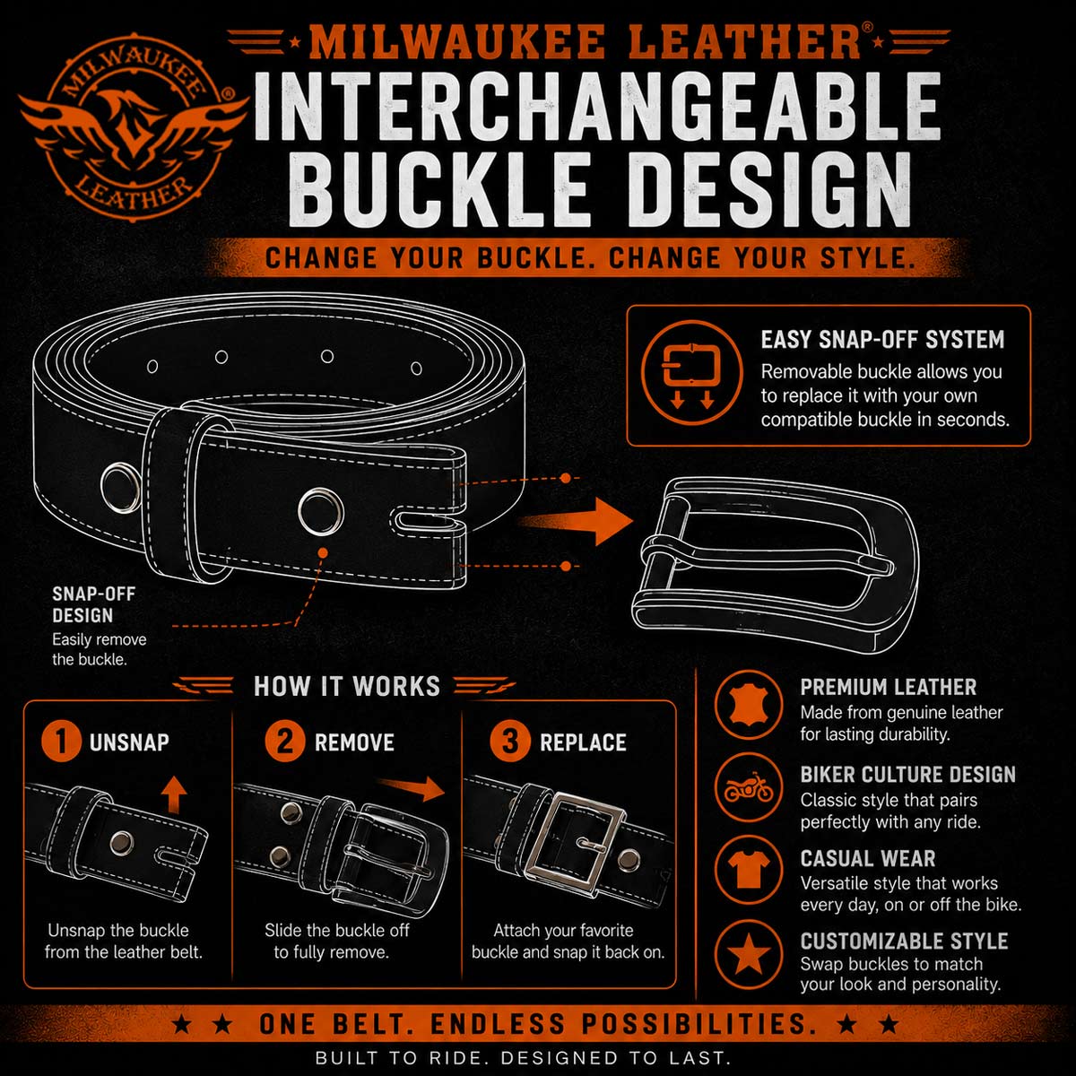 Milwaukee Leather Men's Black Triple-Row Studded Genuine Leather Belt - w/ Interchangeable Buckle - MP7144