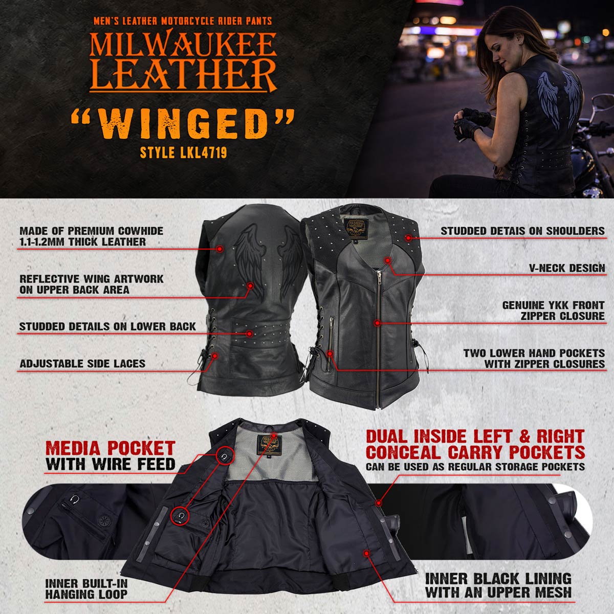 Milwaukee Leather Women's Winged Black Studded Leather Motorcycle Vest with Reflective Wings - LKL4715