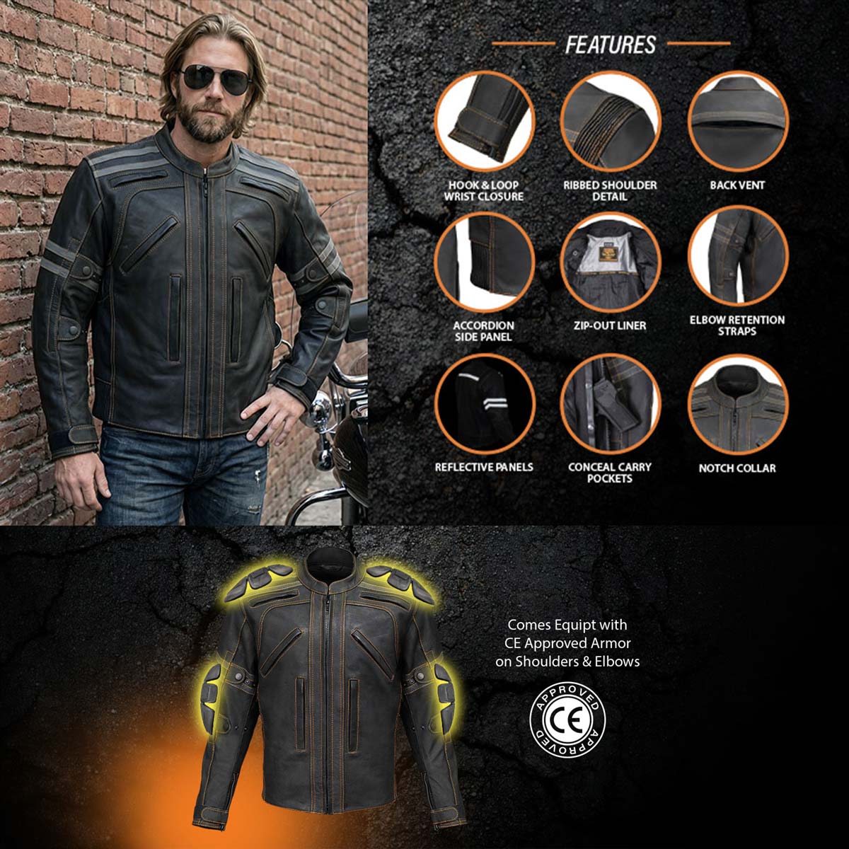 Milwaukee Leather Men's Matte Black Street CE Armored Motorcycle Vented Jacket - Reflective - LKM17012