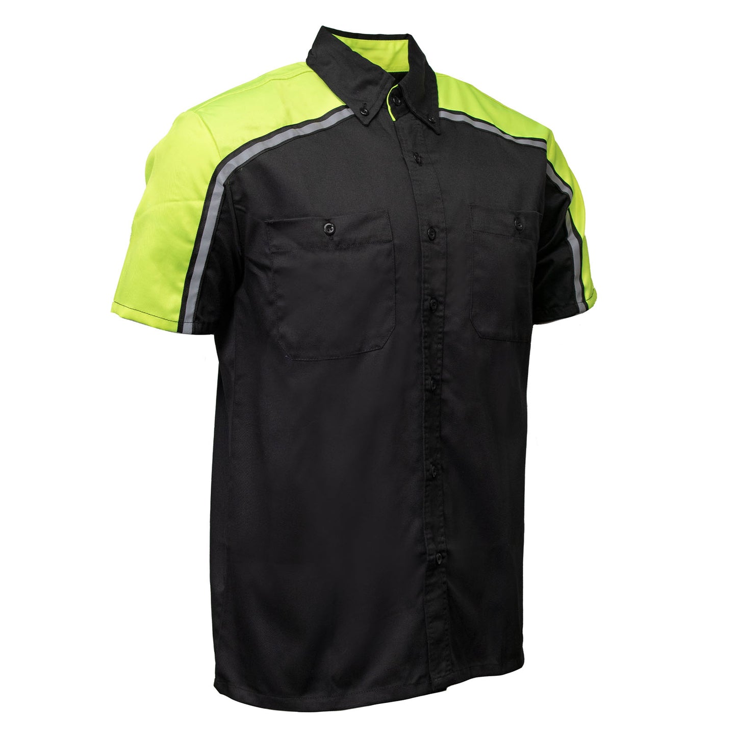 Milwaukee Motorcycle Clothing Co. MDM11604 Men's Black and Neon-Green Button Up Mechanic Shirt w/ Reflective Stripe