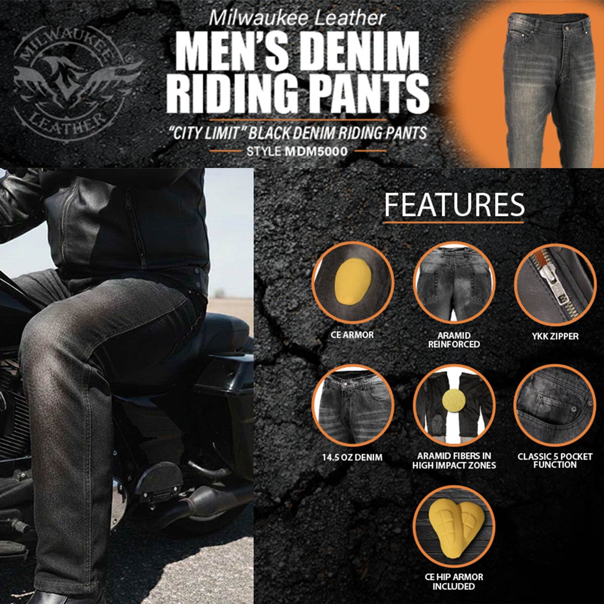 Milwaukee Leather MDM5000 Men's City Limit Black CE Armored Motorcycle Riding Denim Jeans Pants Reinforced w/ Aramid Fibers