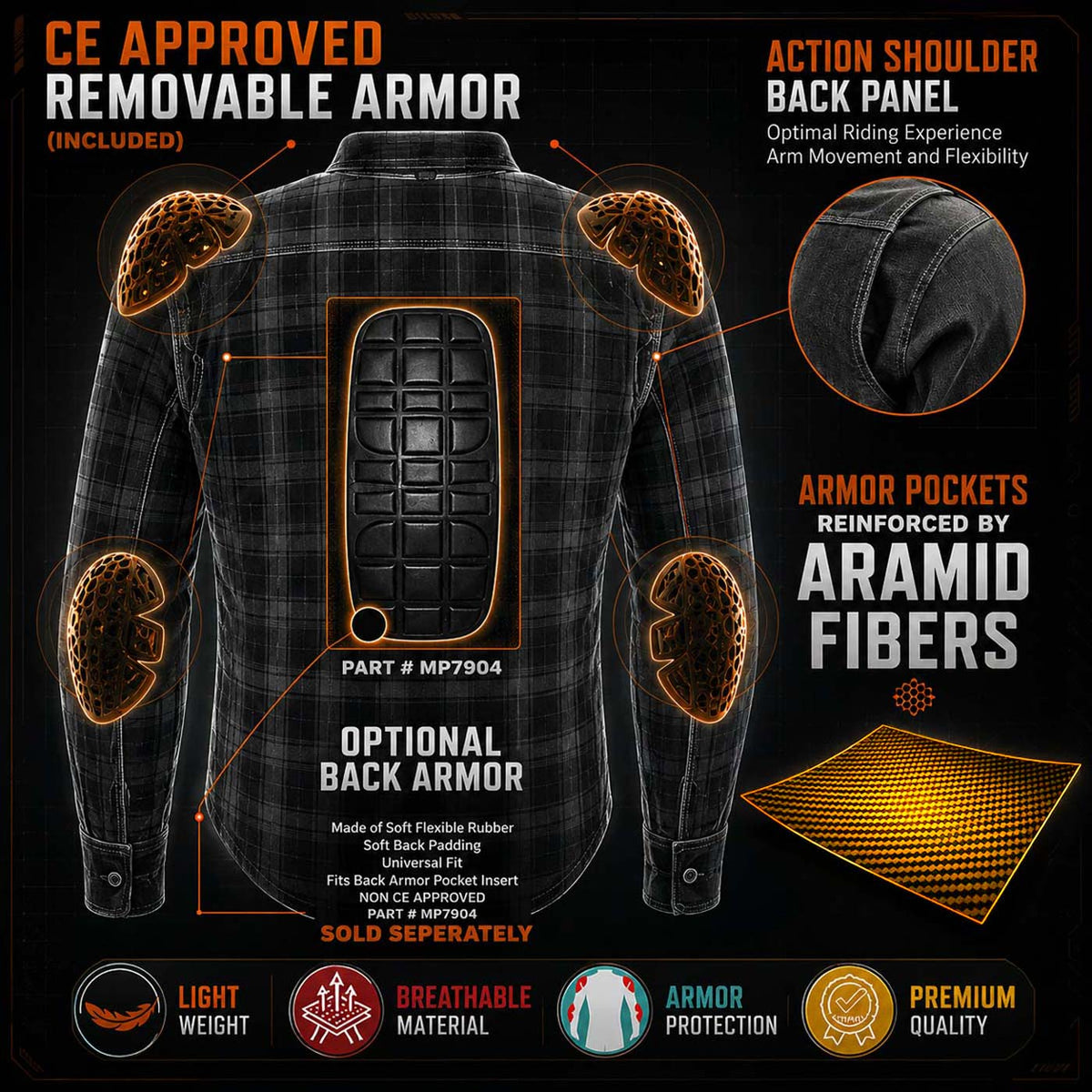 Milwaukee Leather MPM1626 Men's Plaid Flannel Biker Shirt with CE Approved Armor - Reinforced w/ Aramid Fiber