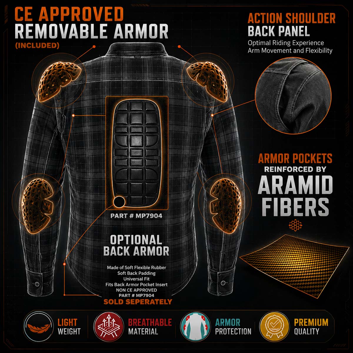 Milwaukee Leather Men's Plaid Flannel Blue Biker Shirt with CE Approved Armor Reinforced w/Aramid Fiber MPM1634