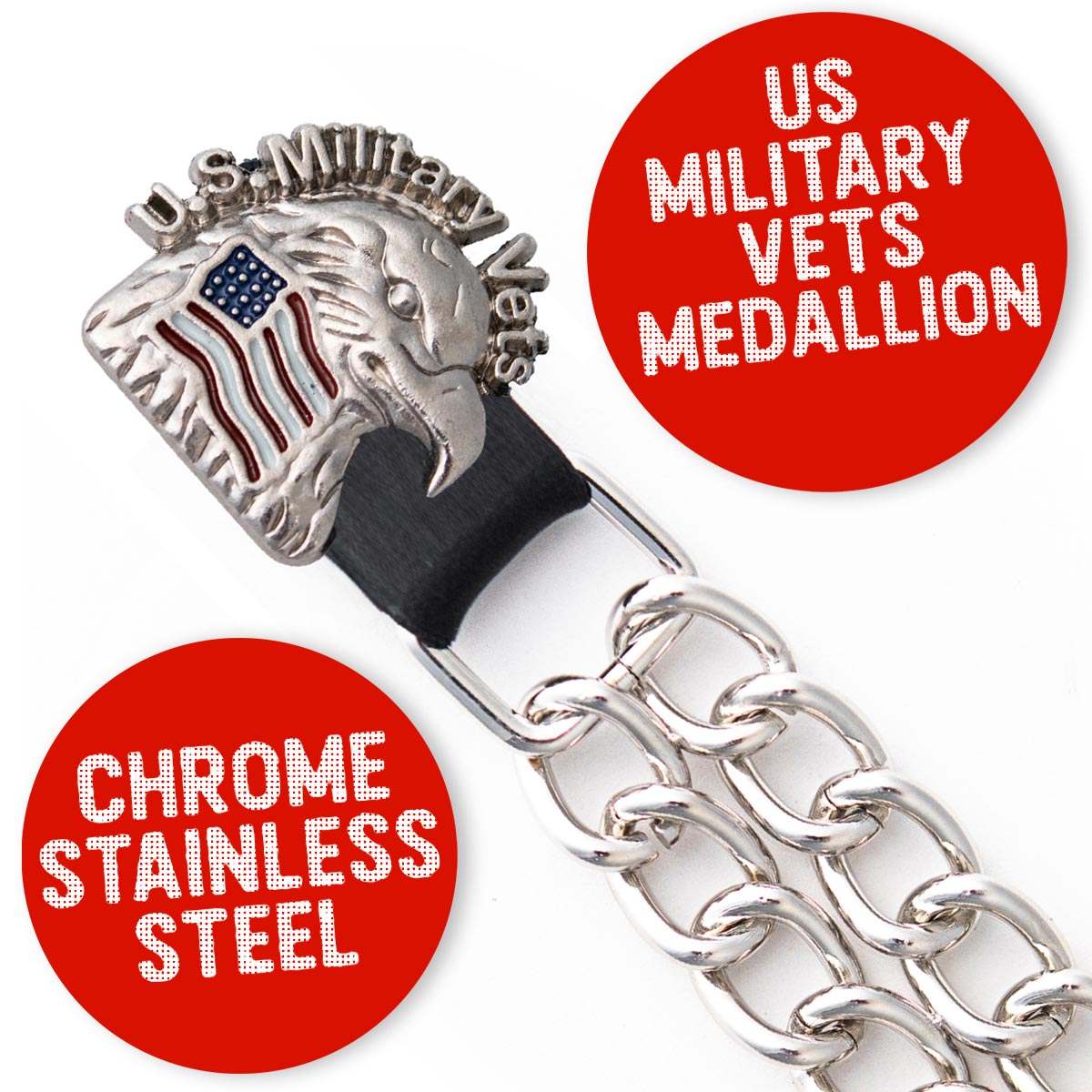 Milwaukee Leather US Military Vet Medallion Vest Extender - Double Chrome Chains Genuine Leather 6.5" Extension MLA1023-Single