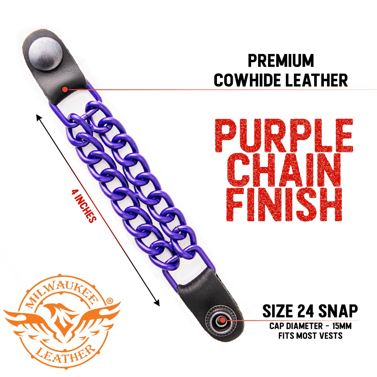 Milwaukee Leather MLA1090 Purple 4 Inch Single Vest Extender - Double Chrome Chains w/ Genuine Leather