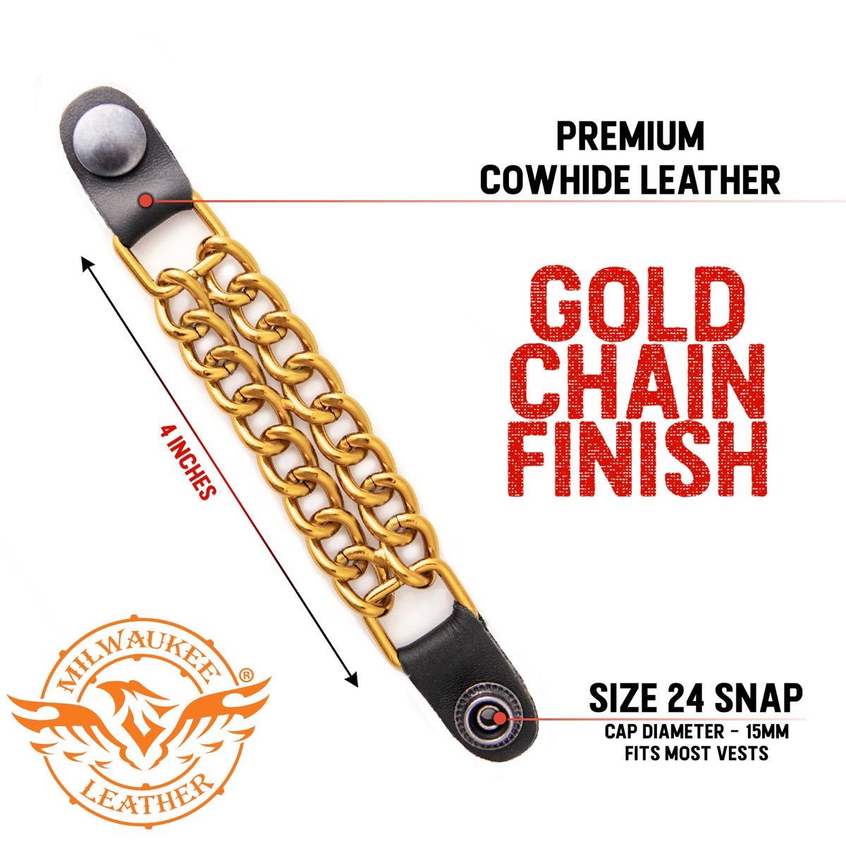 Milwaukee Leather MLA1091 Gold 4 Inch Single Vest Extender - Double Chrome Chains w/ Genuine Leather